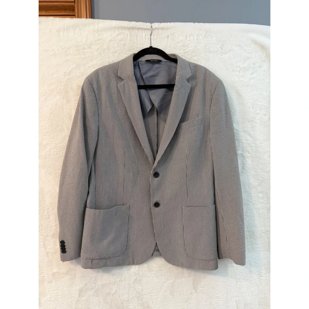 Banana Republic Seersucker Blazer Mens 44R Tailored Slim Fit Black White Striped